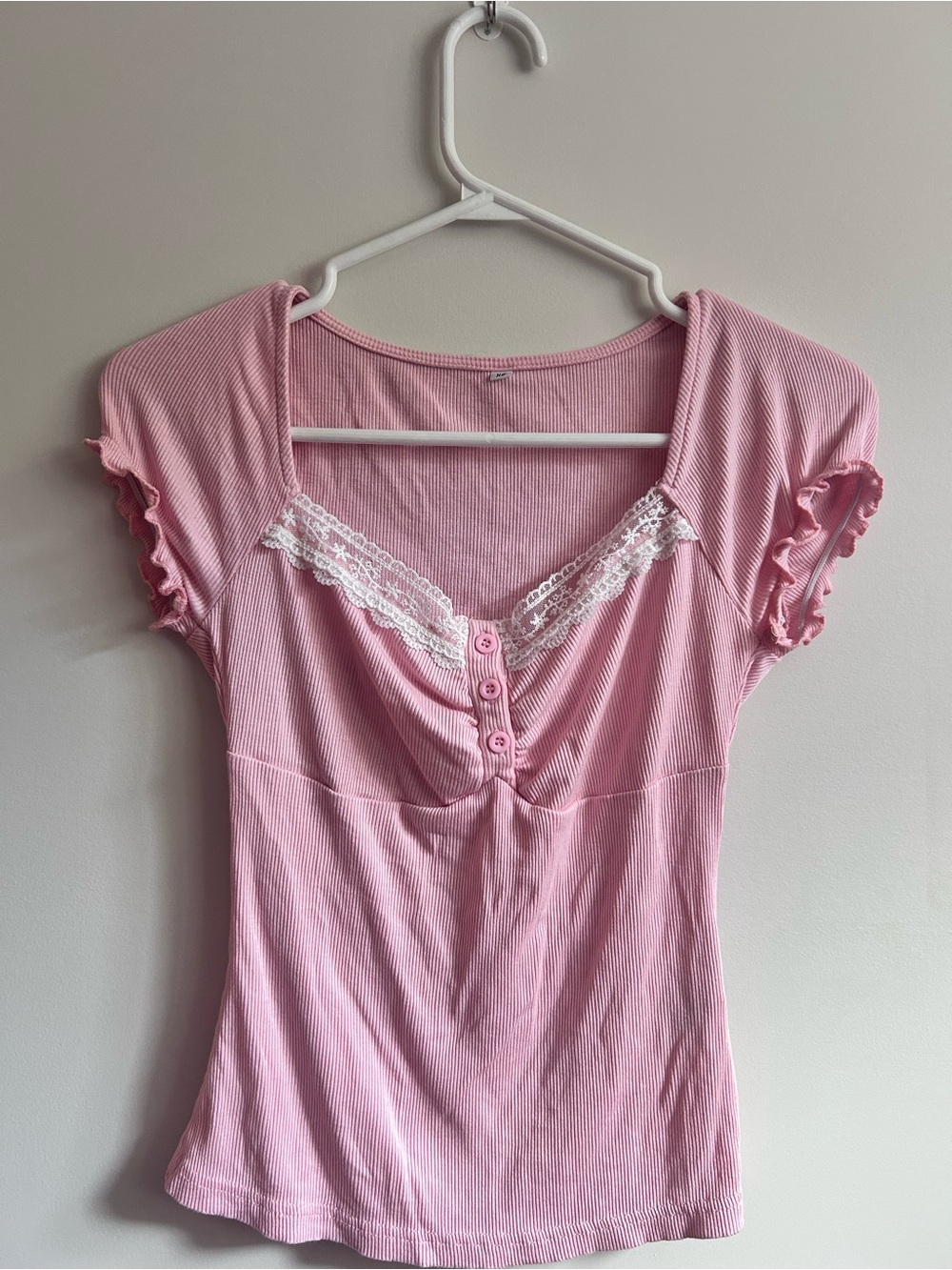 Women's Pink Lace-Trim Ribbed Girly Top
